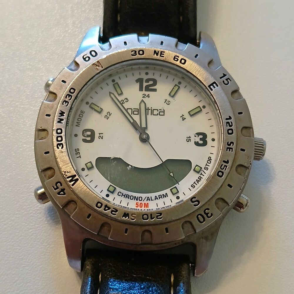 Parts/Repair Y2K Nautica Chrono/Alarm Analog-Digital 50m SS 40.8mm Watch Leather